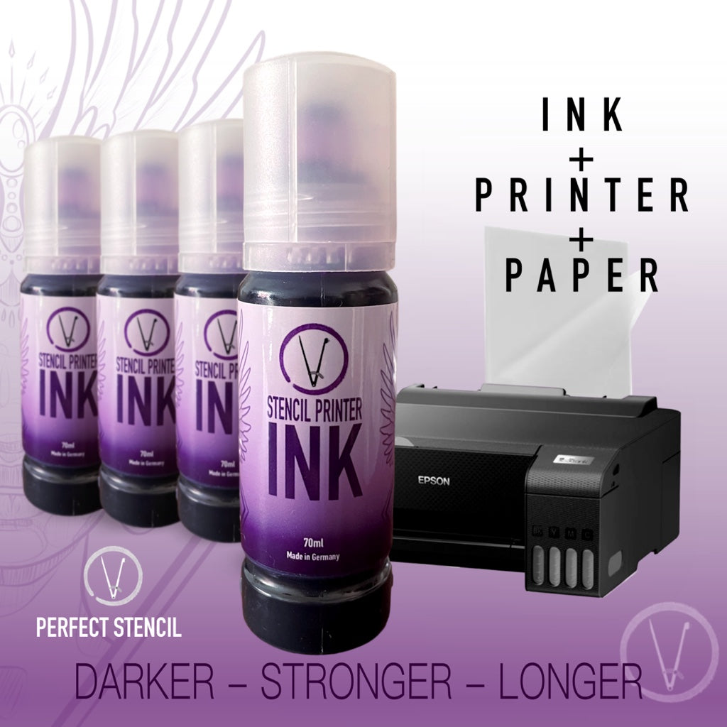 Tattoo stencil ink and printer set. epson eco tank printer, stencil paper and ink